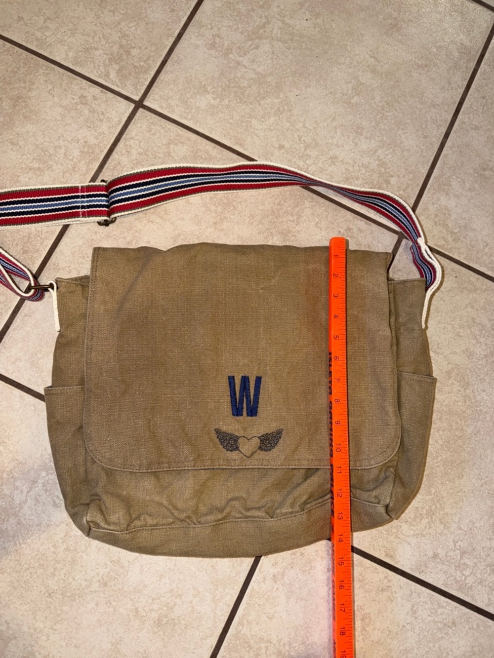 Khaki Canvas Messenger Bag with Striped Shoulder Strap W monogram - Picture 5 of 8